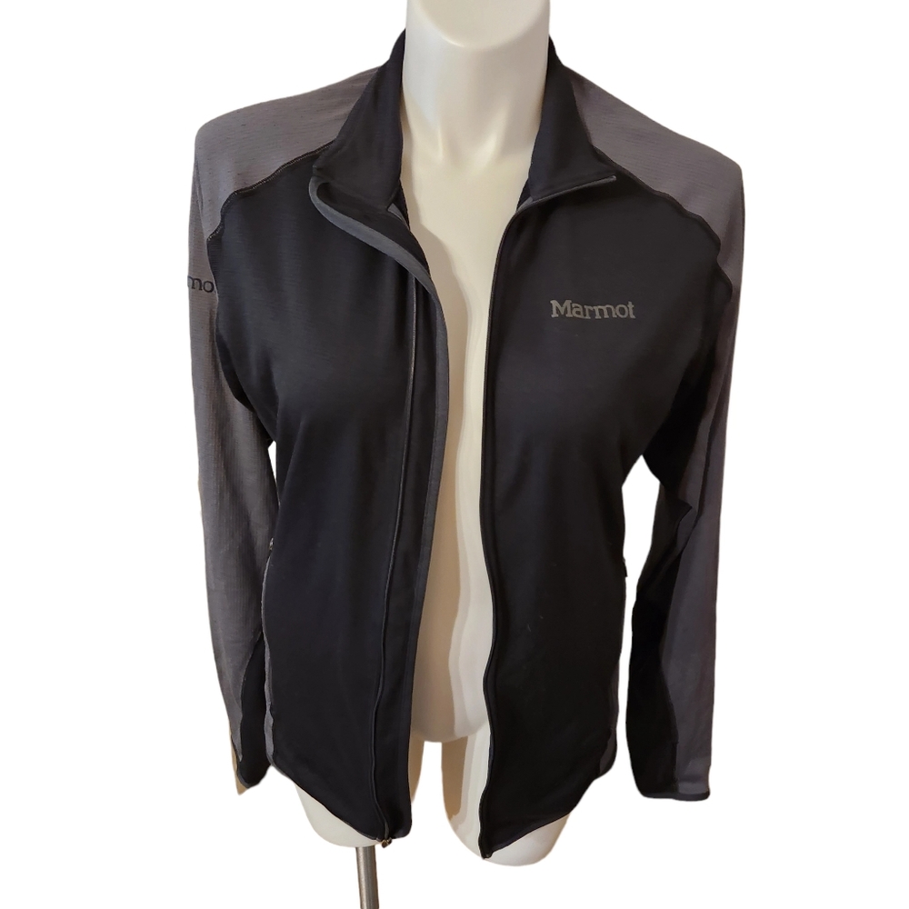 Marmot Full Zip-Up Collar Athleisure Jacket with thumb holes, Grey Black, Size L